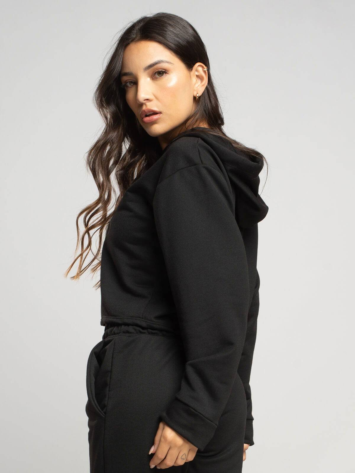 Casaco Cropped Capuz Moletinho Preto - Vicbela