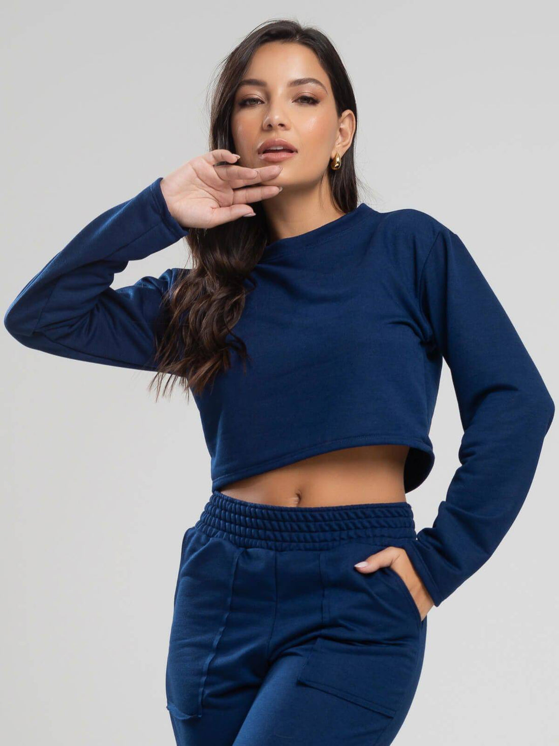 Casaco Cropped Manga Longa Moletinho Azul Marinho - Vicbela