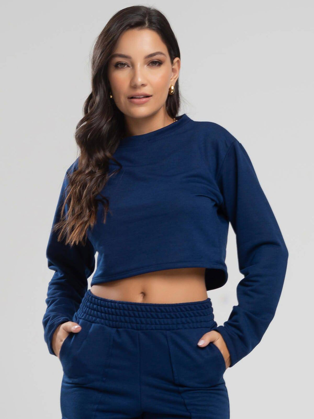 Casaco Cropped Manga Longa Moletinho Azul Marinho - Vicbela