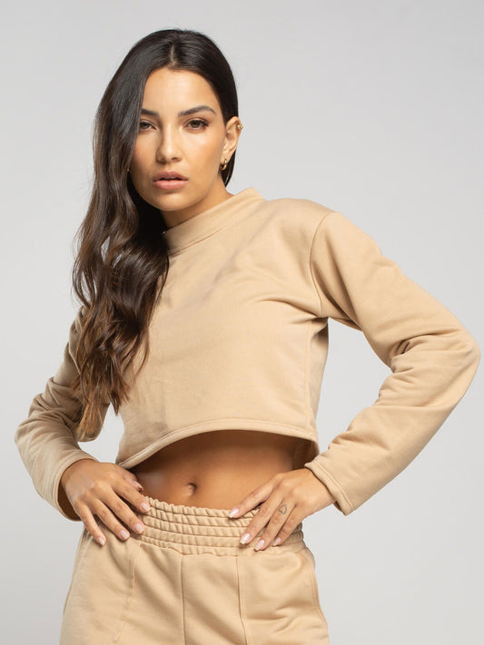 Casaco Cropped Manga Longa Moletinho Bege - Vicbela