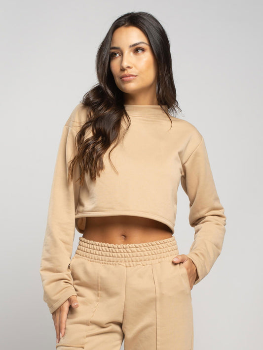 Casaco Cropped Manga Longa Moletinho Bege - Vicbela