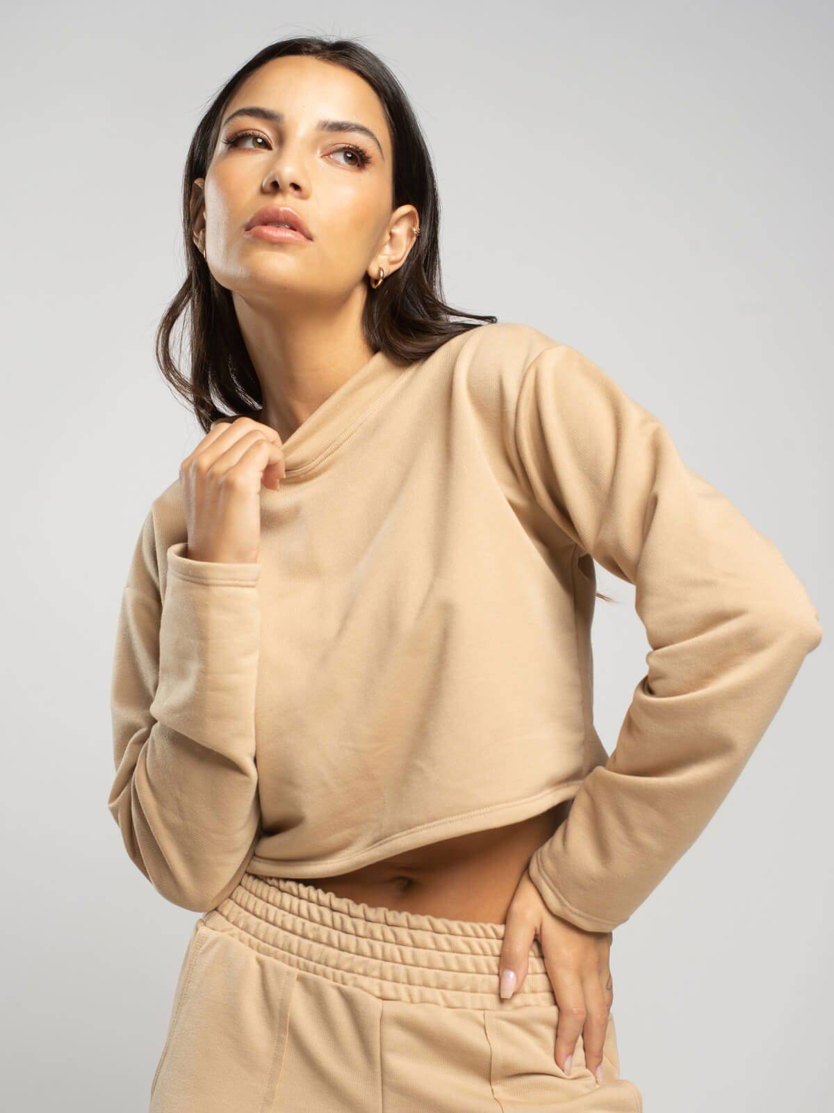 Casaco Cropped Manga Longa Moletinho Bege - Vicbela