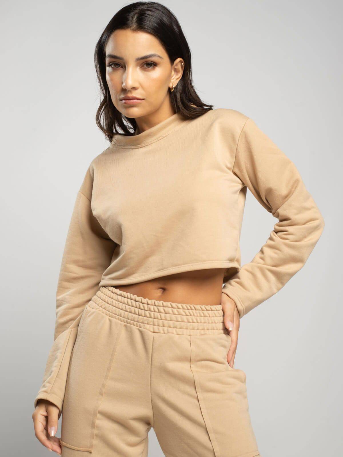 Casaco Cropped Manga Longa Moletinho Bege - Vicbela