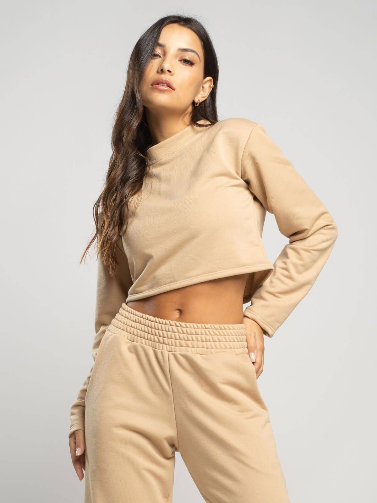 Casaco Cropped Manga Longa Moletinho Bege - Vicbela