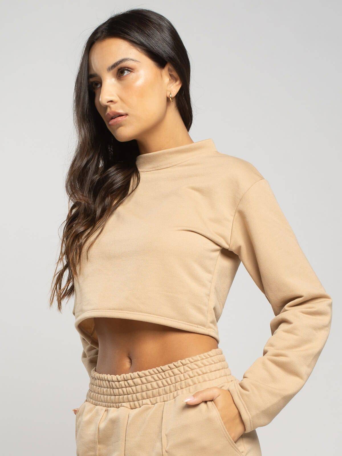 Casaco Cropped Manga Longa Moletinho Bege - Vicbela