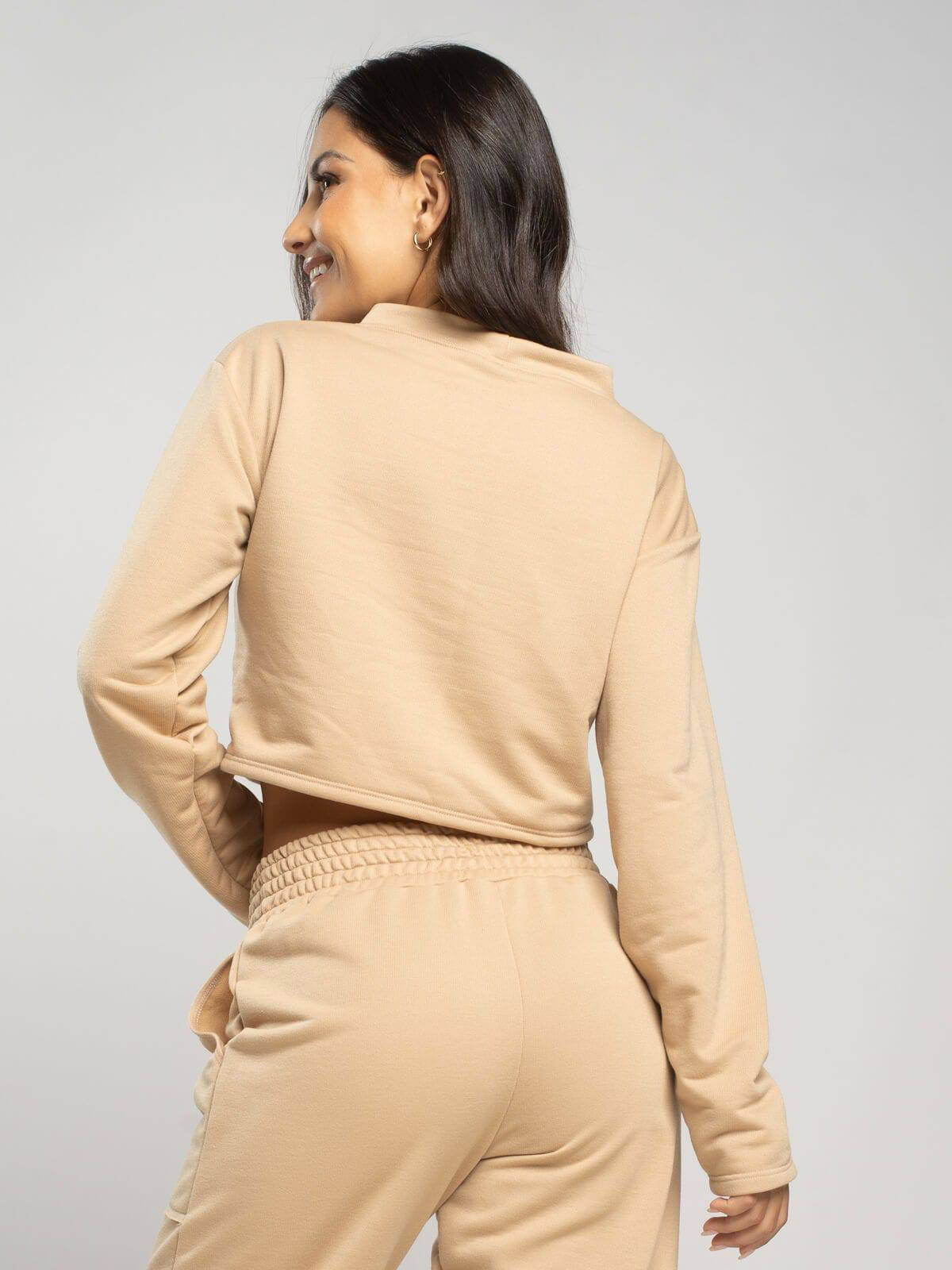 Casaco Cropped Manga Longa Moletinho Bege - Vicbela