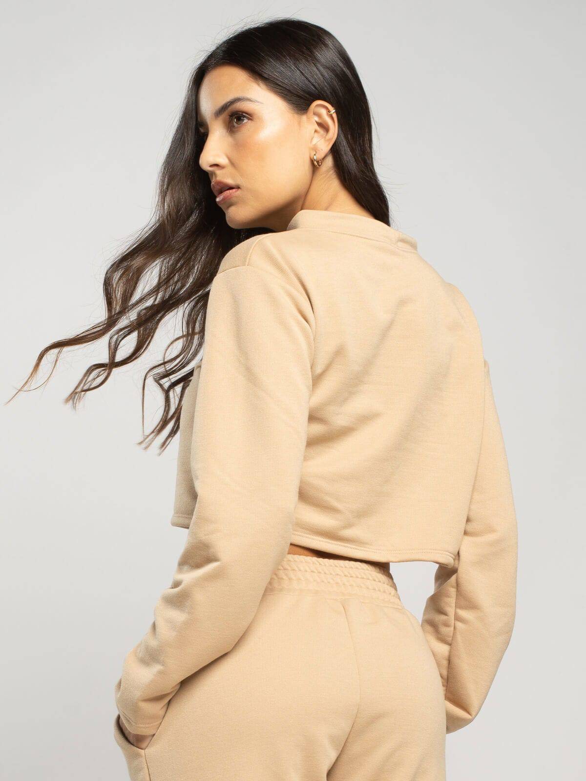 Casaco Cropped Manga Longa Moletinho Bege - Vicbela