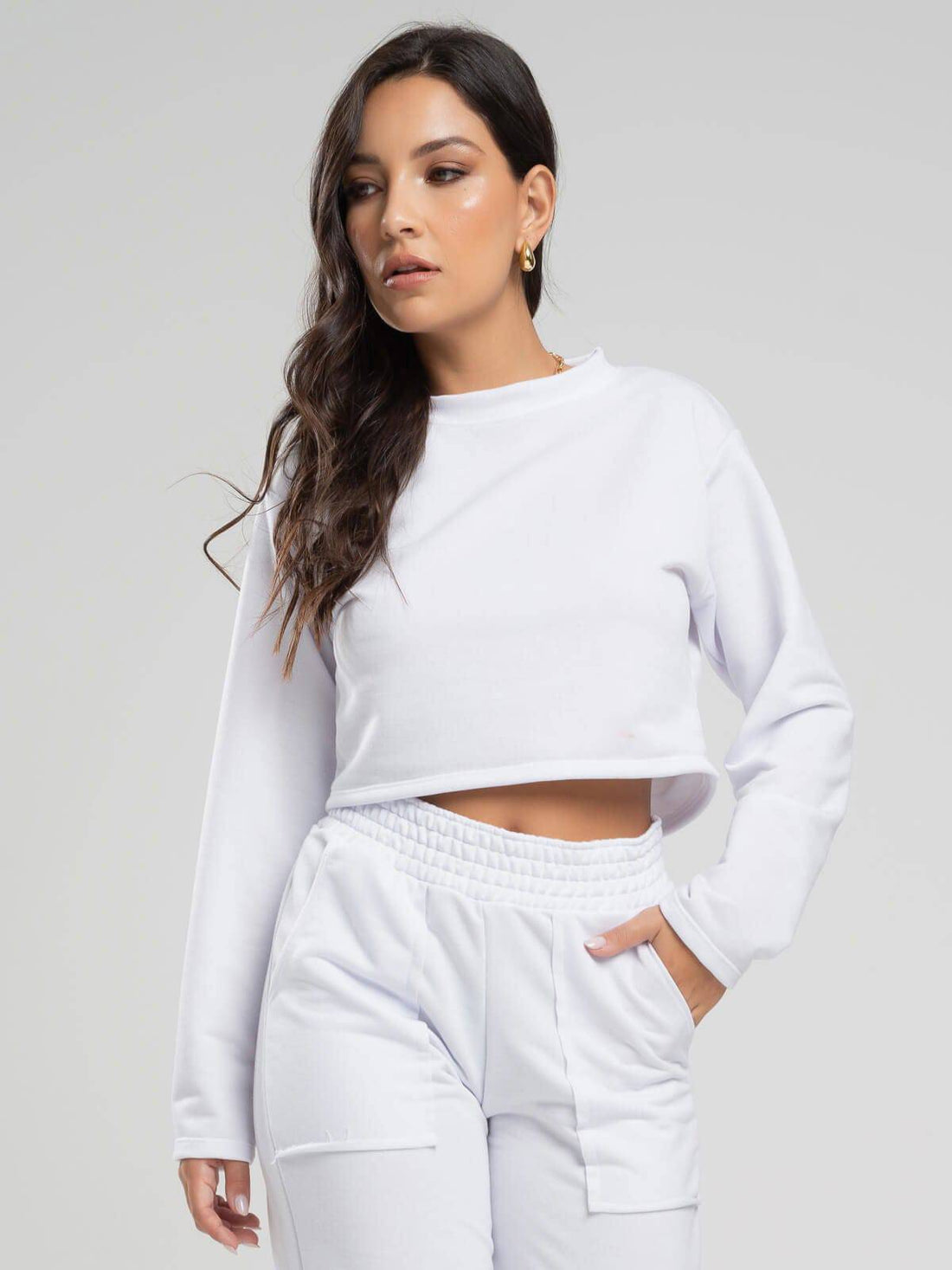 Casaco Cropped Manga Longa Moletinho Branco - Vicbela