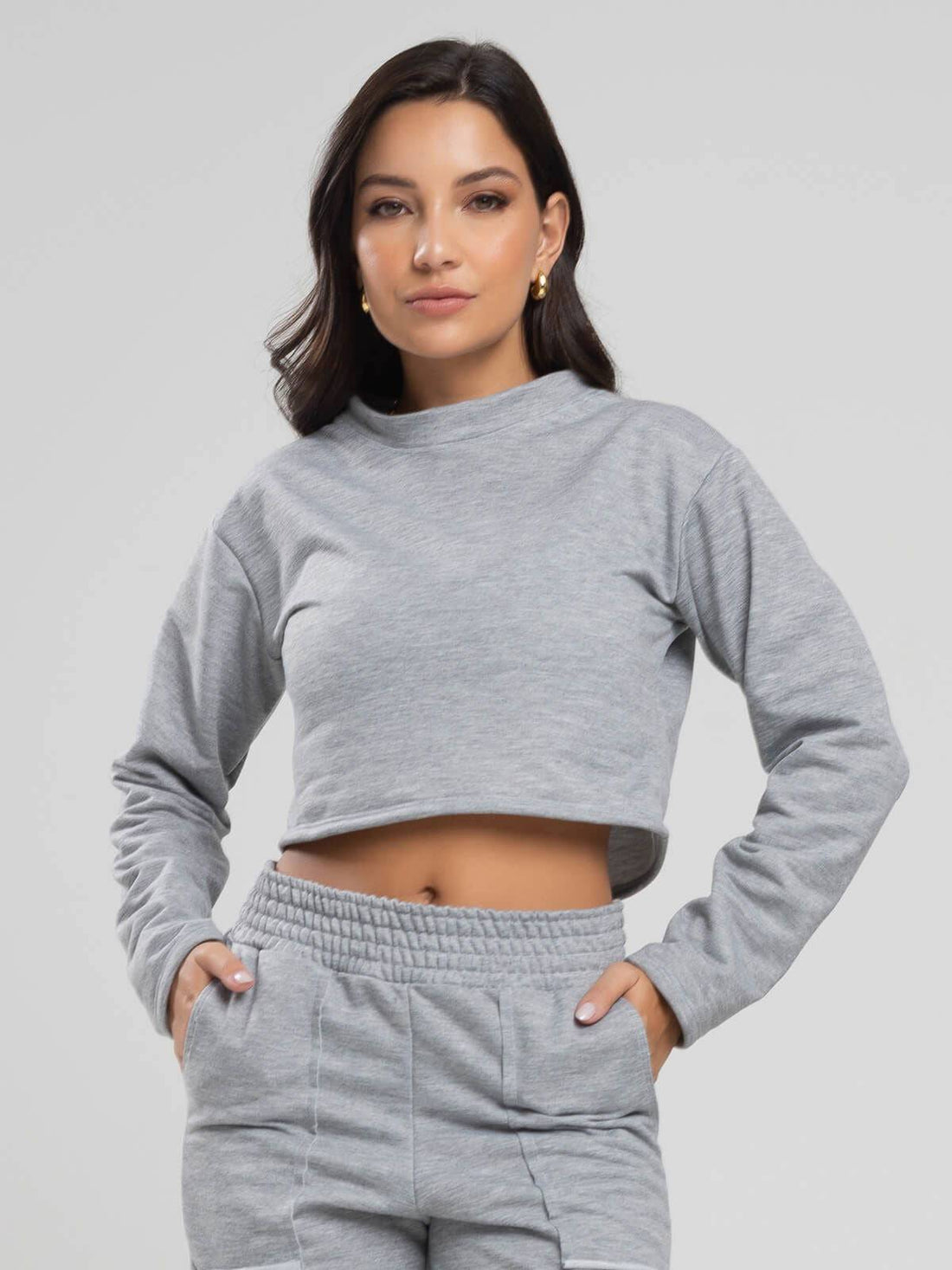 Casaco Cropped Manga Longa Moletinho Cinza - Vicbela