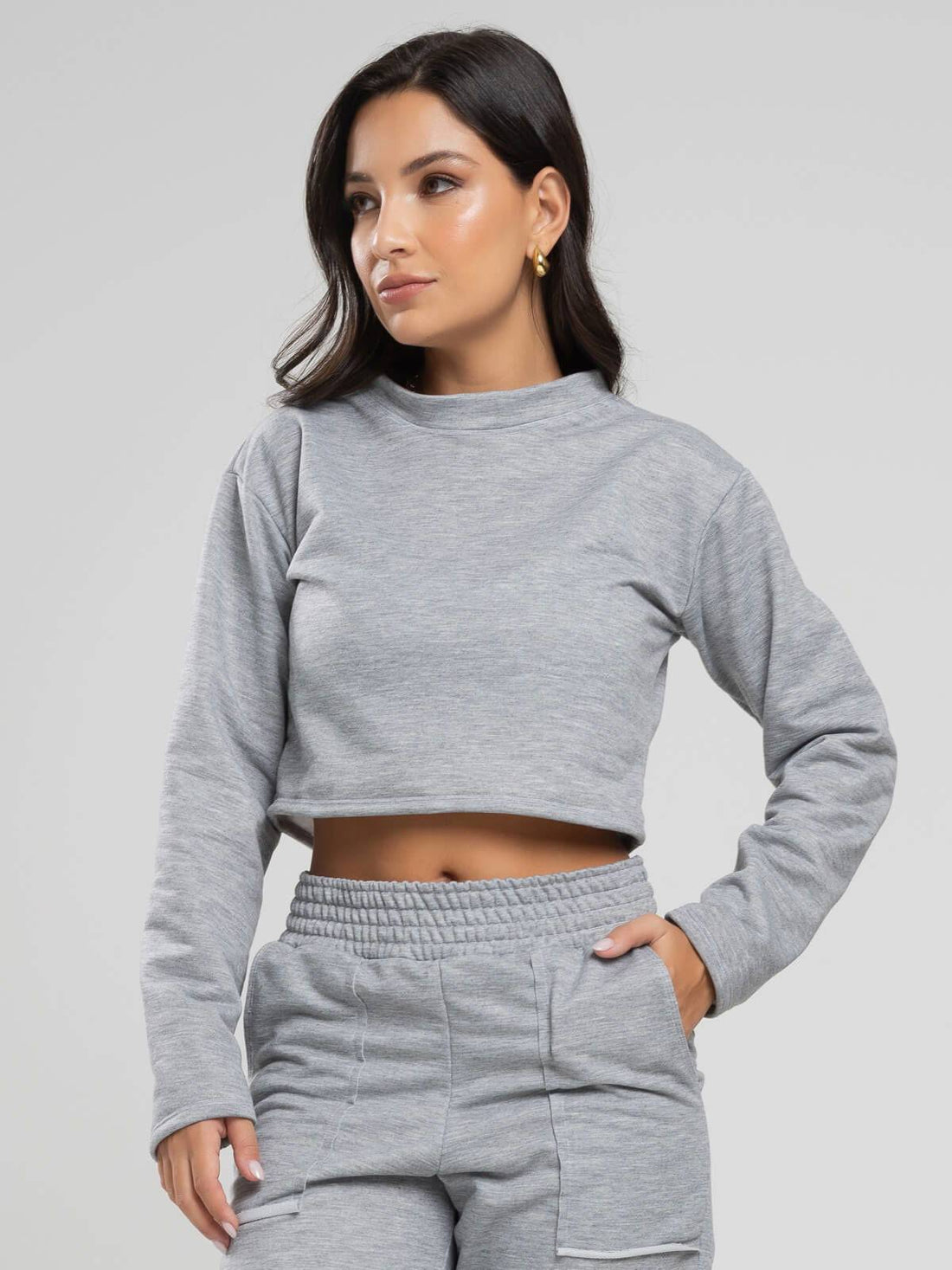 Casaco Cropped Manga Longa Moletinho Cinza - Vicbela