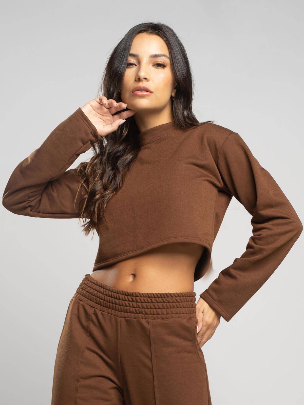 Casaco Cropped Manga Longa Moletinho Marrom - Vicbela