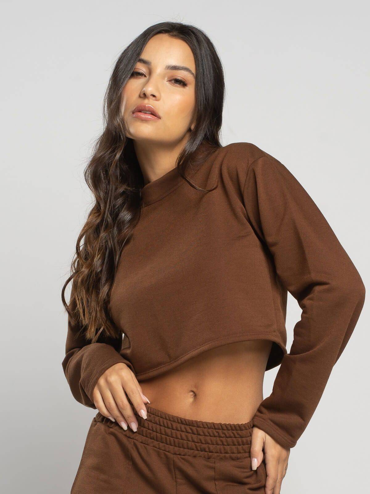 Casaco Cropped Manga Longa Moletinho Marrom - Vicbela