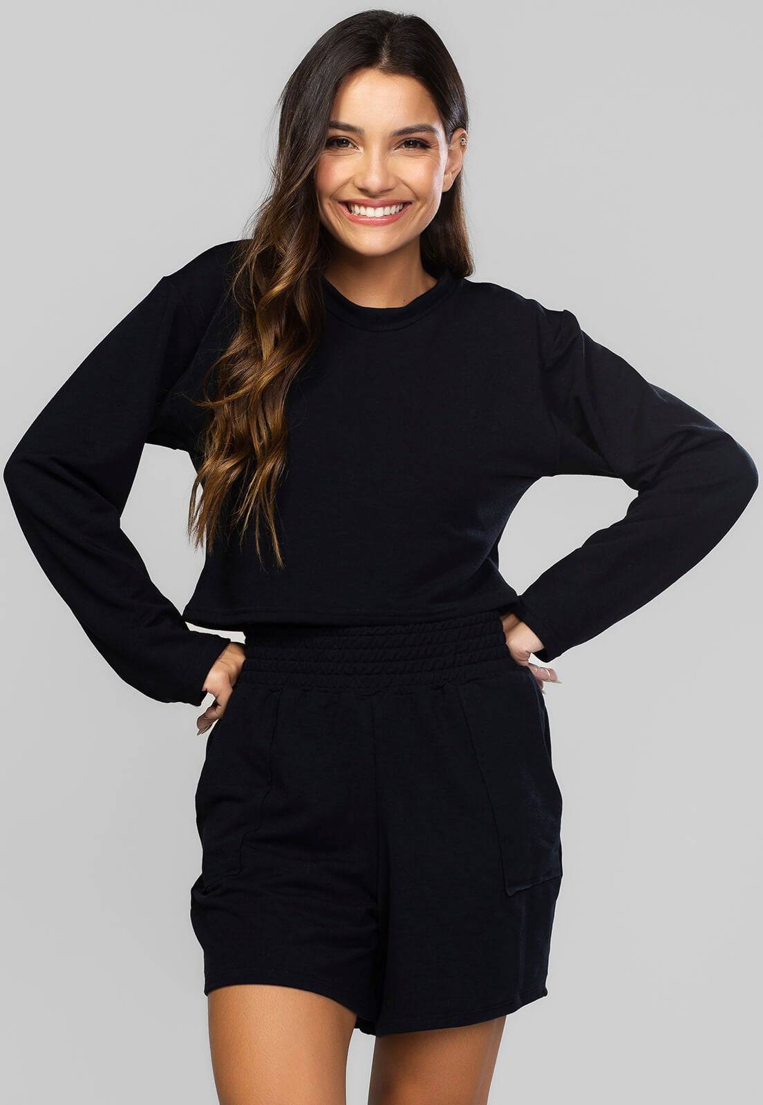 Casaco Cropped Manga Longa Moletinho Preto - Vicbela