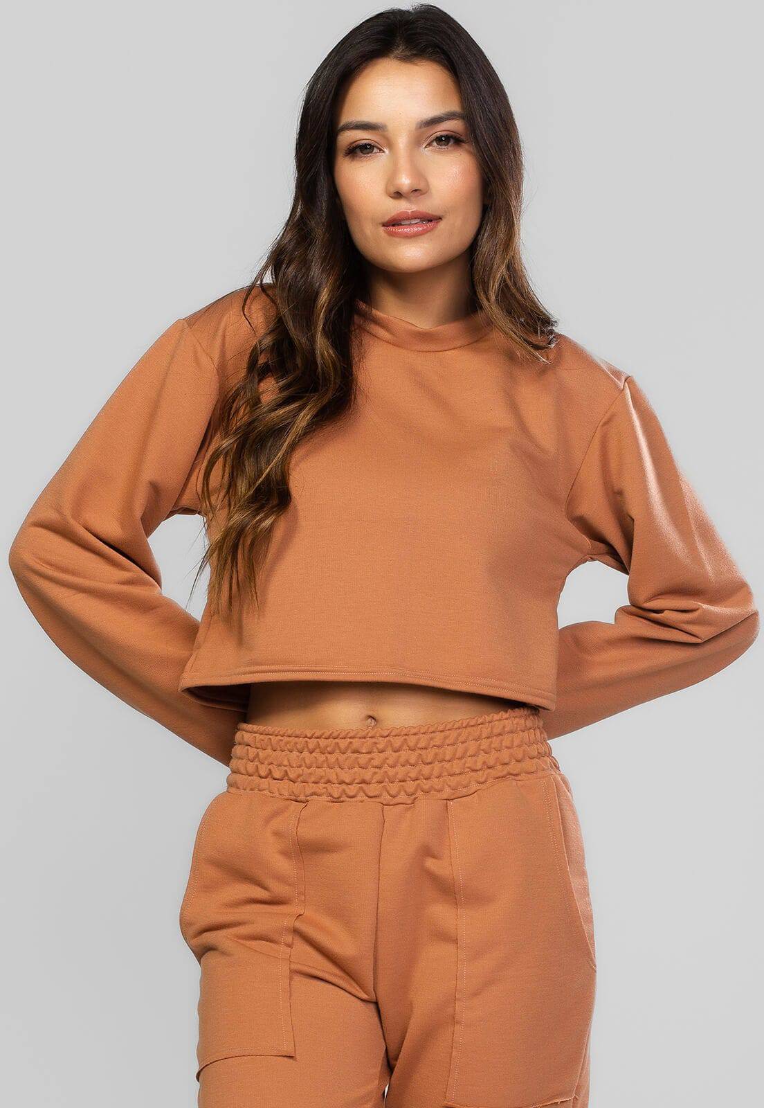 Casaco Cropped Manga Longa Moletinho Terracota - Vicbela