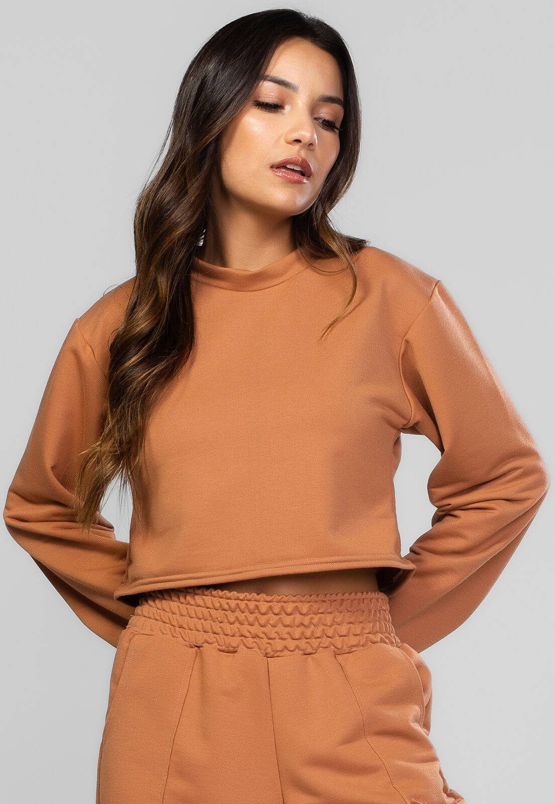 Casaco Cropped Manga Longa Moletinho Terracota - Vicbela