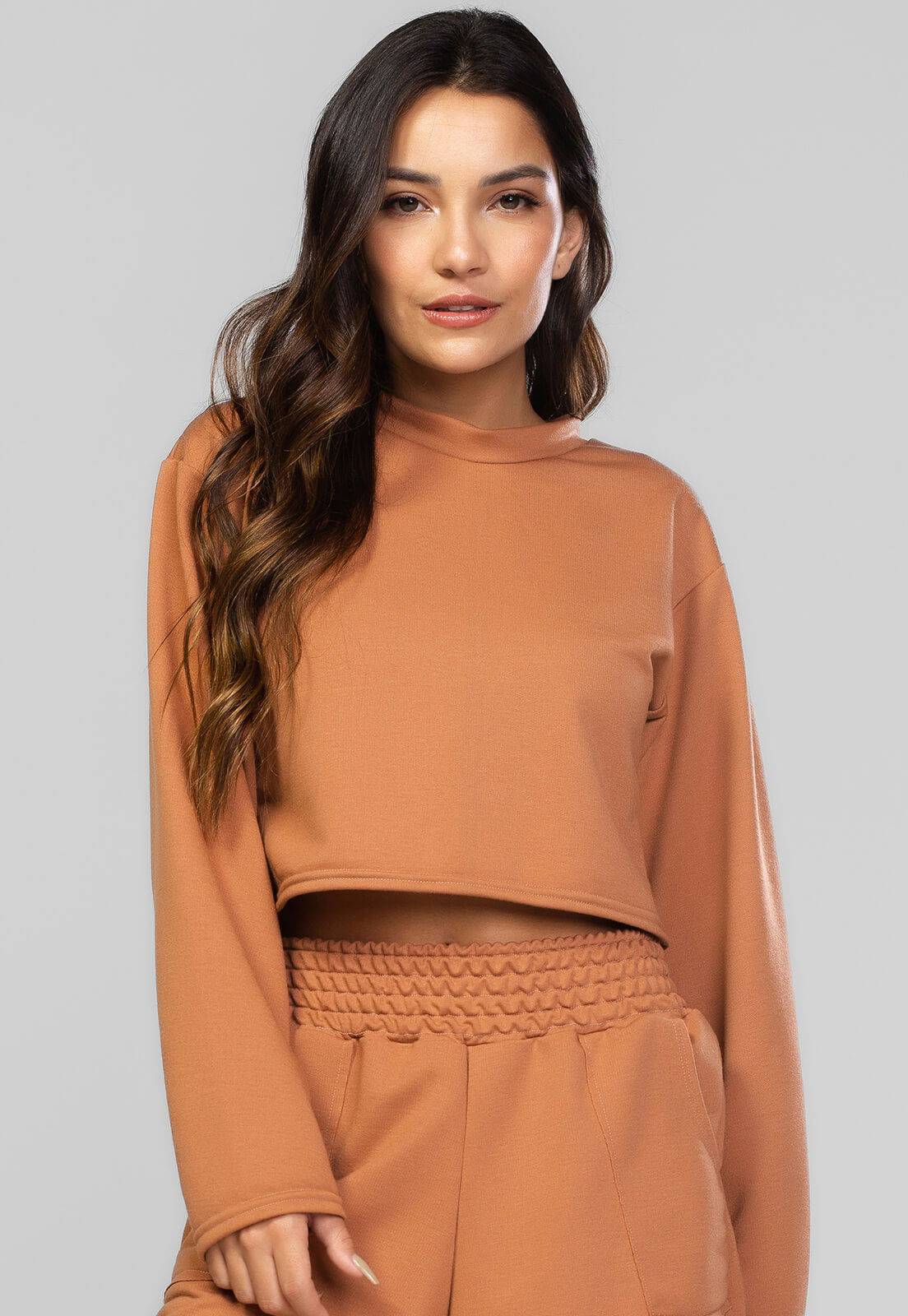 Casaco Cropped Manga Longa Moletinho Terracota - Vicbela