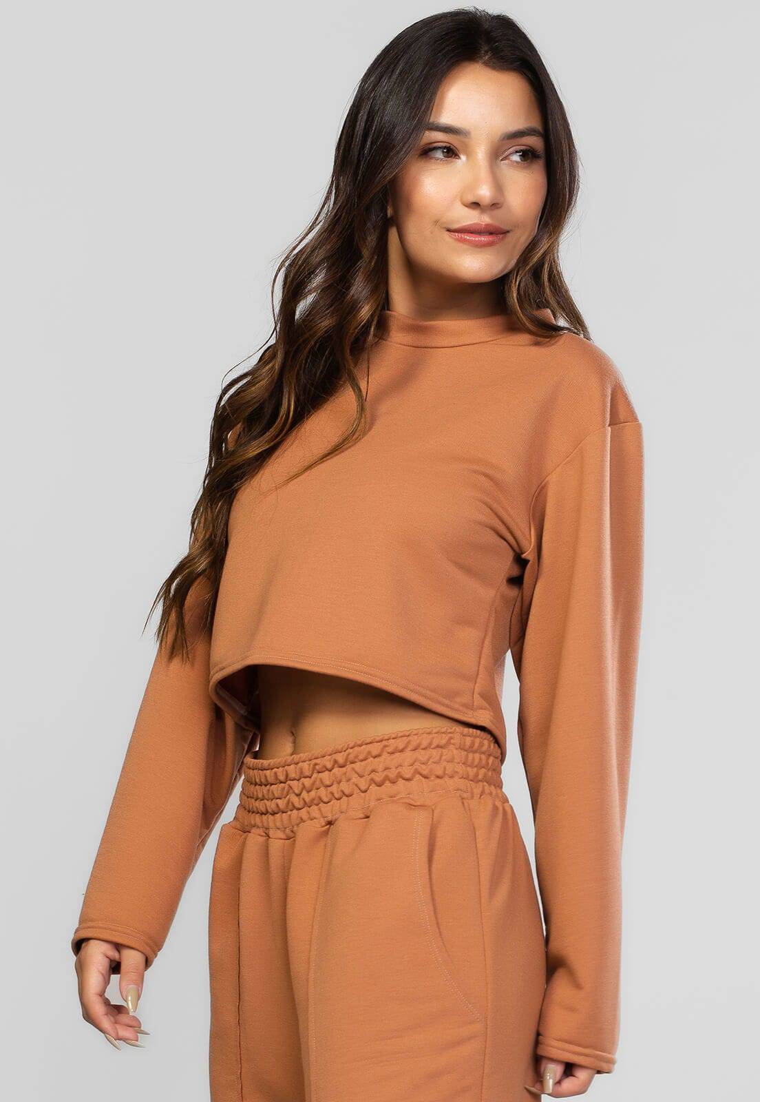 Casaco Cropped Manga Longa Moletinho Terracota - Vicbela