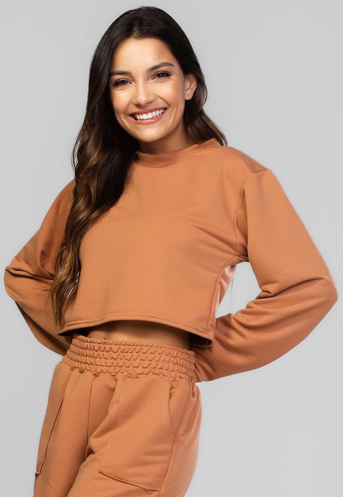 Casaco Cropped Manga Longa Moletinho Terracota - Vicbela
