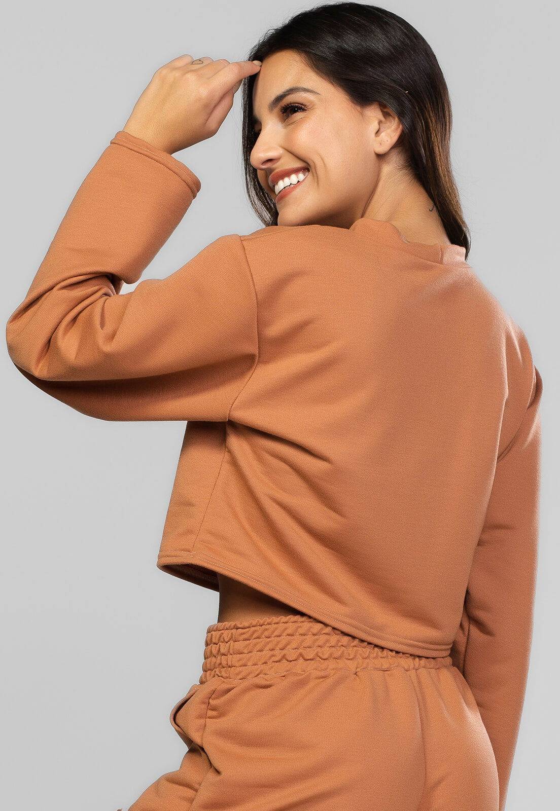Casaco Cropped Manga Longa Moletinho Terracota - Vicbela