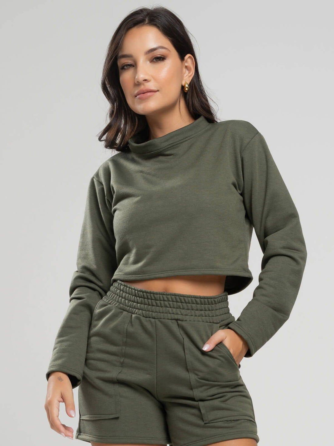 Casaco Cropped Manga Longa Moletinho Verde - Vicbela