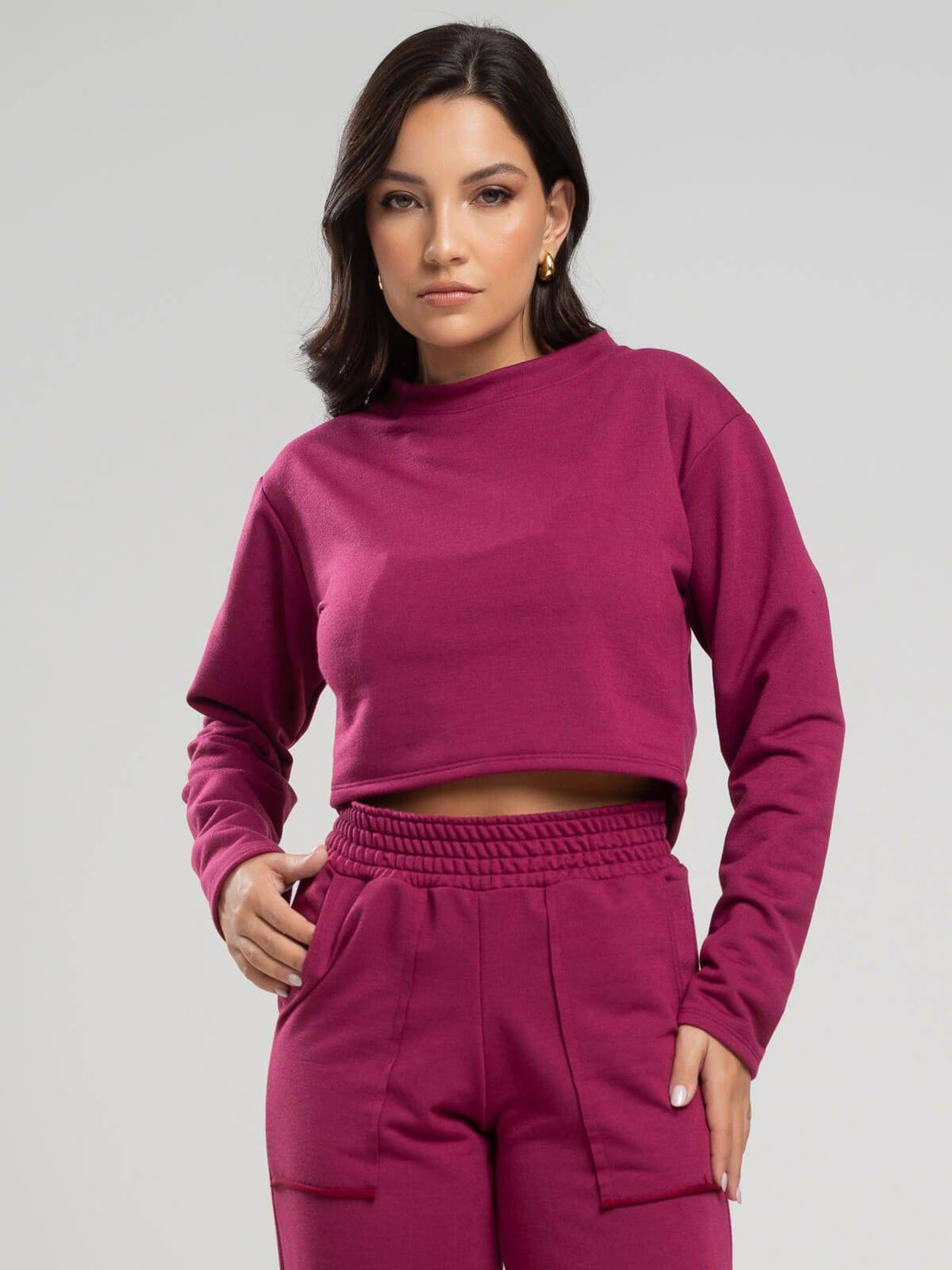 Casaco Cropped Manga Longa Moletinho Vinho - Vicbela