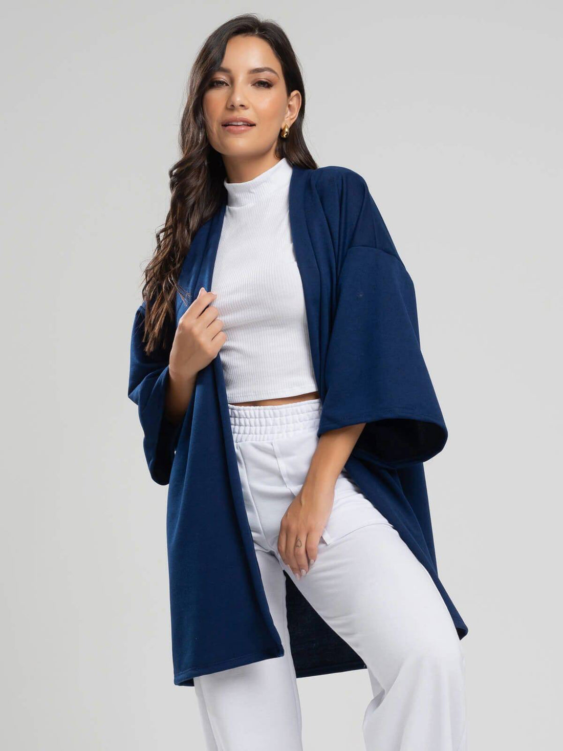 Casaco Kimono Over Moletinho Manga Longa Azul Marinho - Vicbela
