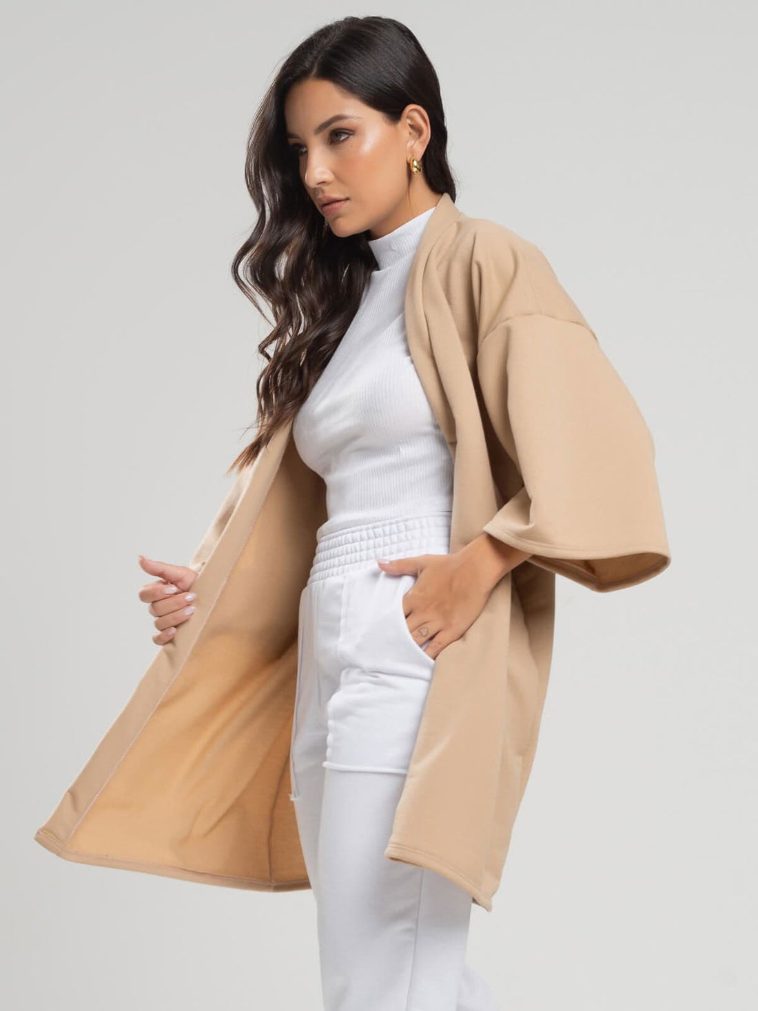 Casaco Kimono Over Moletinho Manga Longa Bege - Vicbela