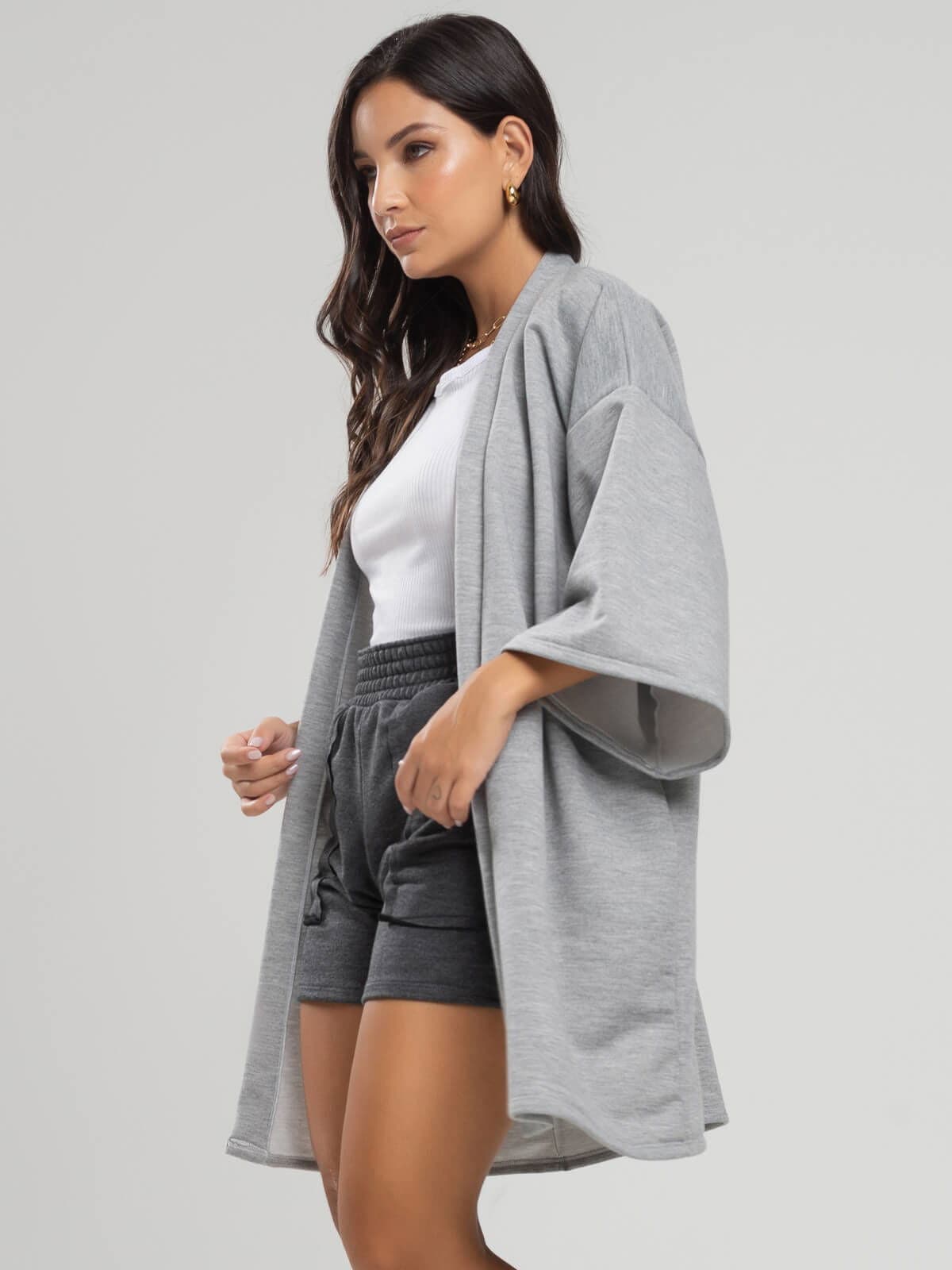 Casaco Kimono Over Moletinho Manga Longa Cinza - Vicbela