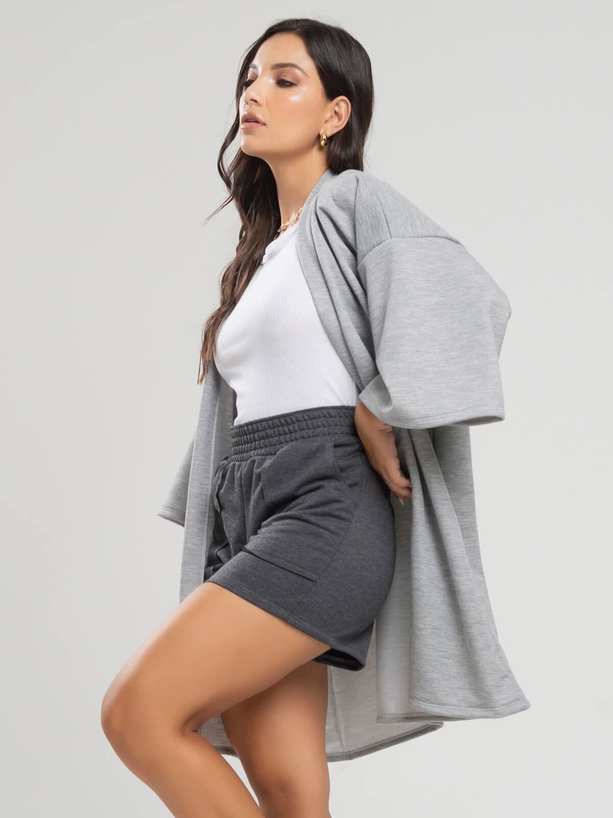 Casaco Kimono Over Moletinho Manga Longa Cinza - Vicbela
