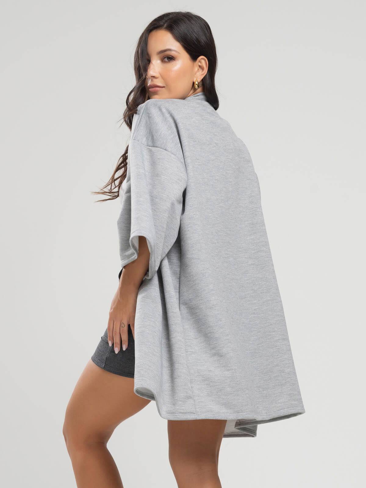 Casaco Kimono Over Moletinho Manga Longa Cinza - Vicbela