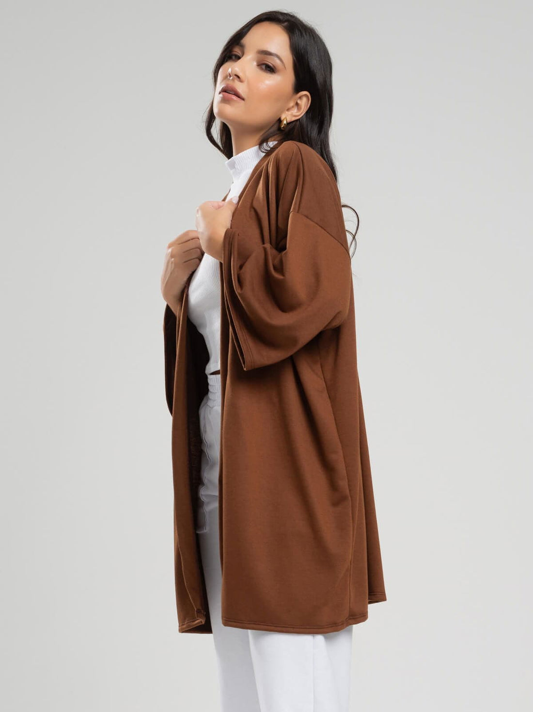 Casaco Kimono Over Moletinho Manga Longa Marrom - Vicbela