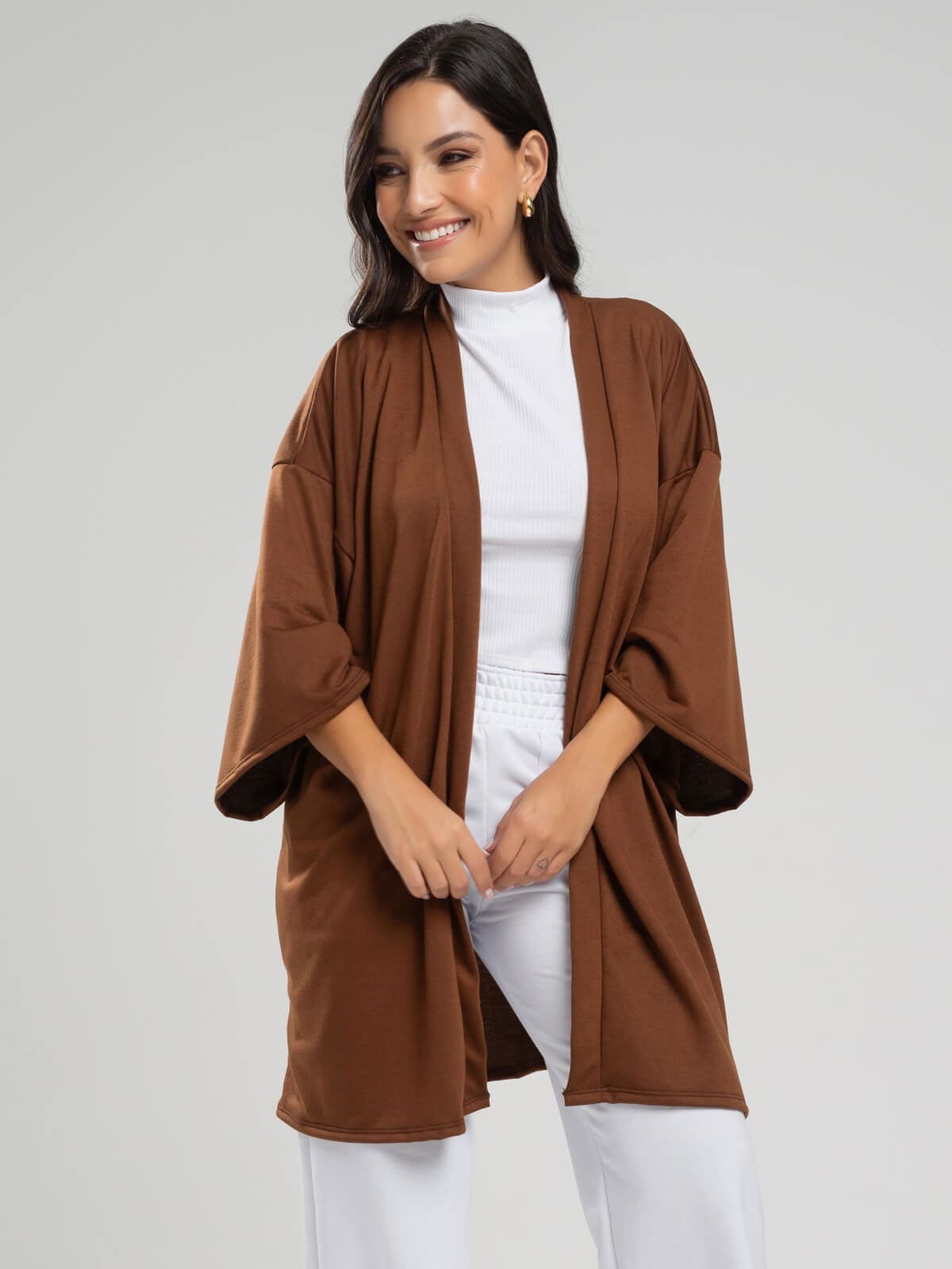 Casaco Kimono Over Moletinho Manga Longa Marrom - Vicbela