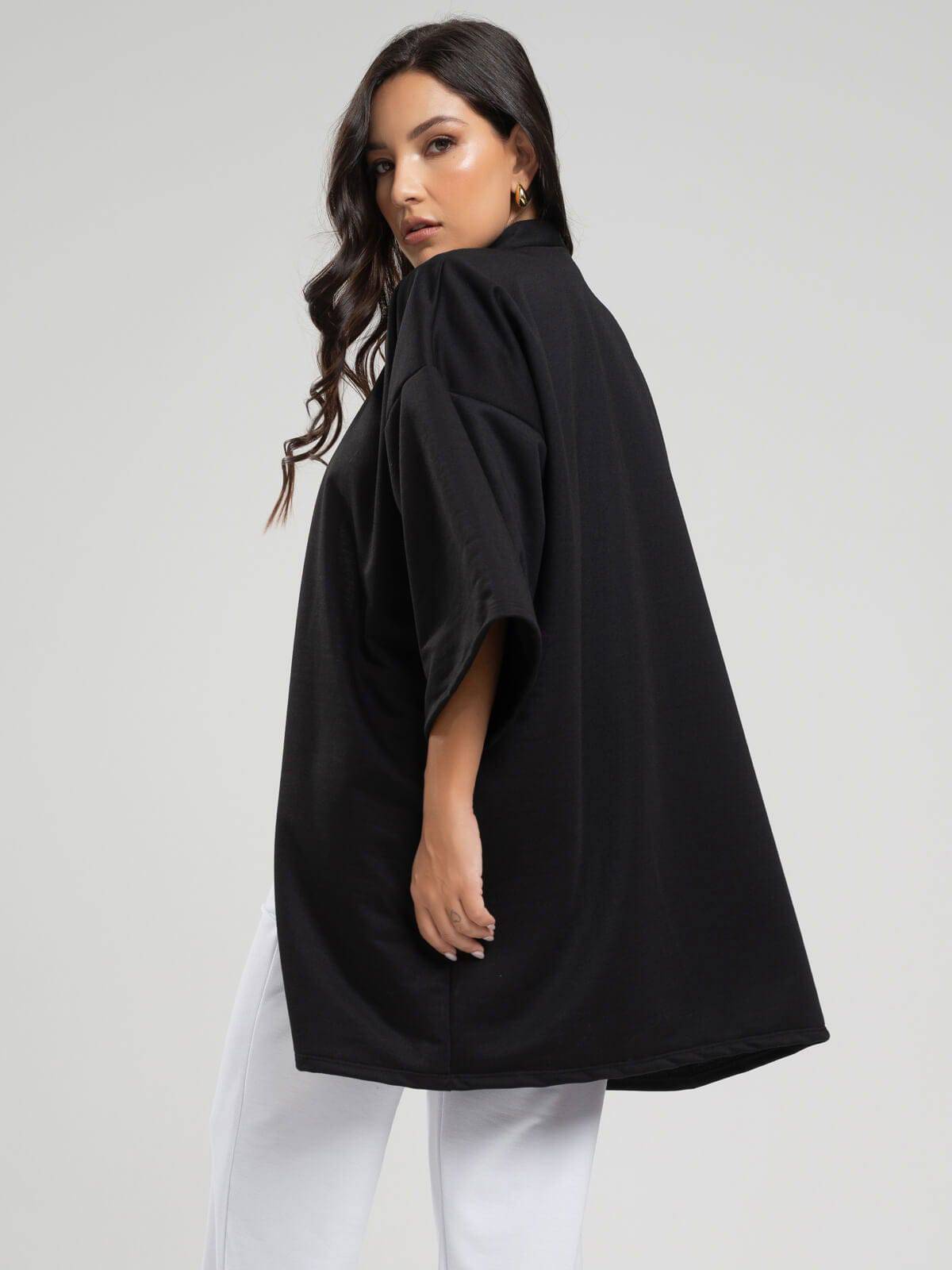 Casaco Kimono Over Moletinho Manga Longa Preto - Vicbela