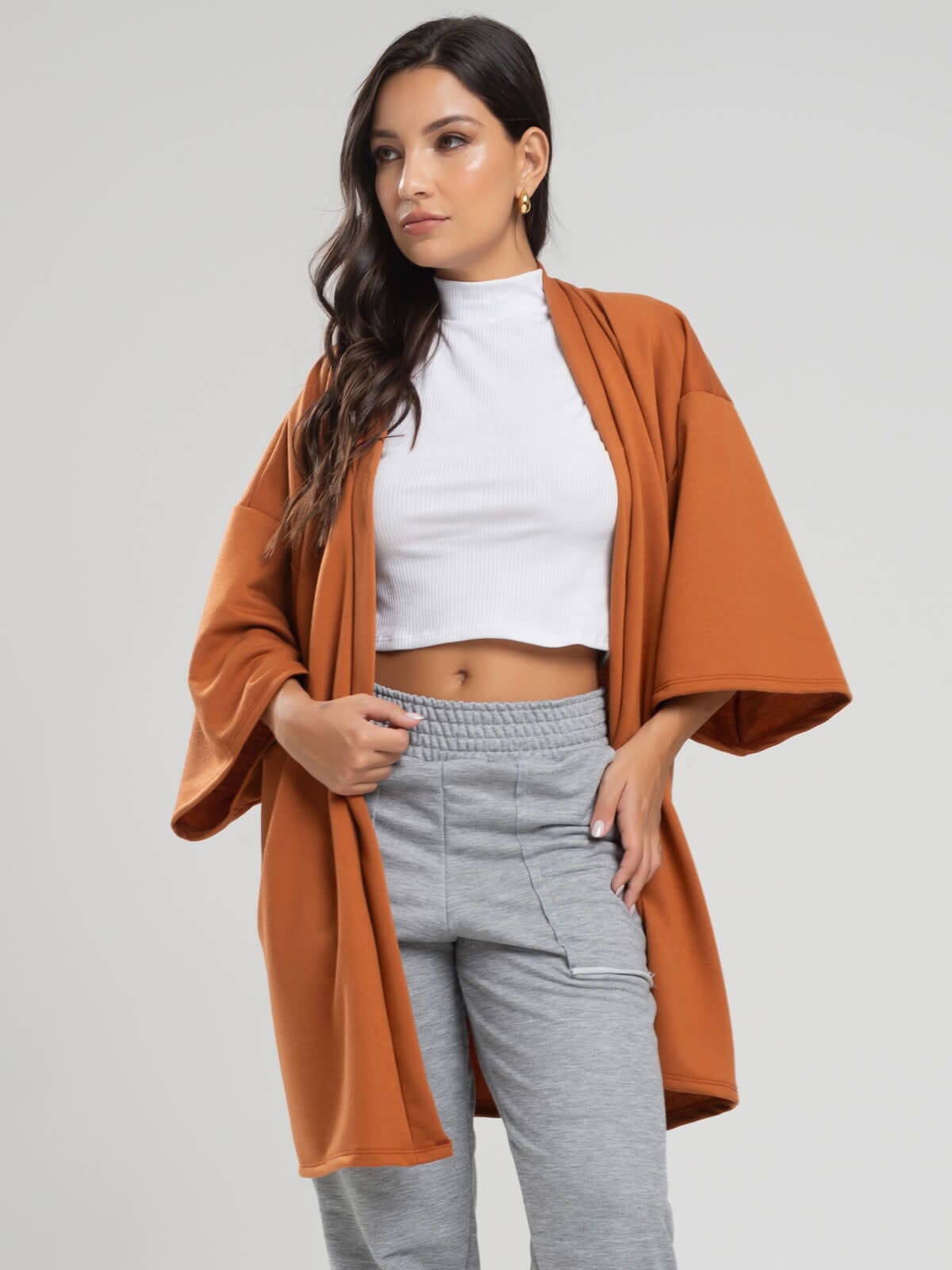 Casaco Kimono Over Moletinho Manga Longa Terra - Vicbela