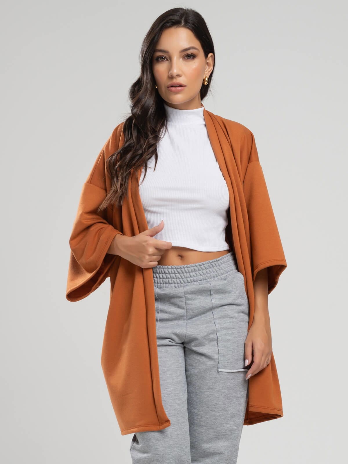 Casaco Kimono Over Moletinho Manga Longa Terra - Vicbela