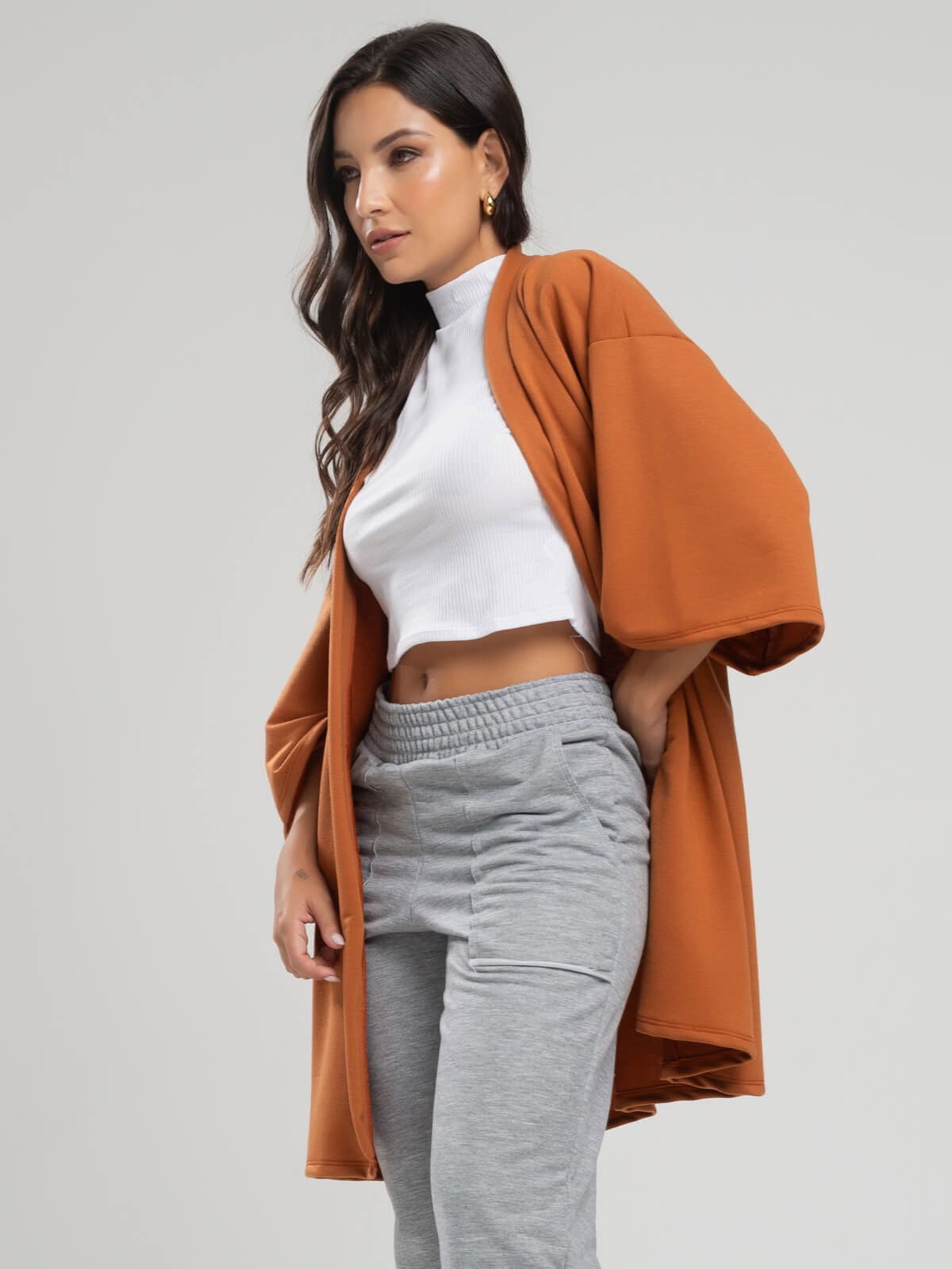 Casaco Kimono Over Moletinho Manga Longa Terra - Vicbela