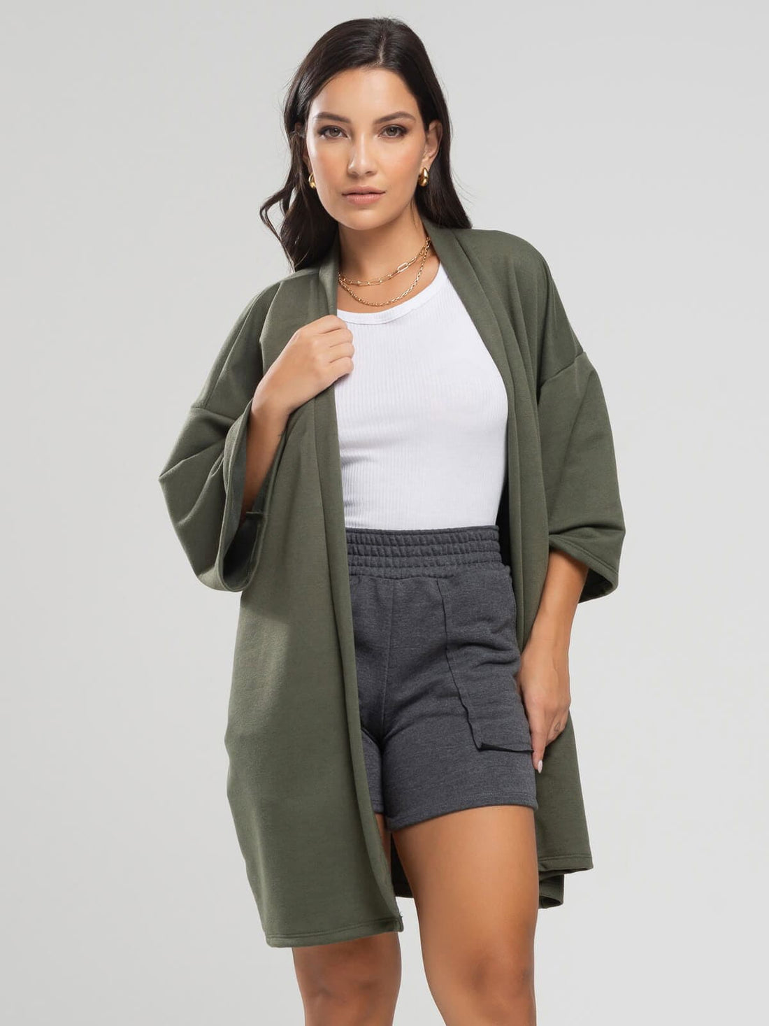 Casaco Kimono Over Moletinho Manga Longa Verde - Vicbela