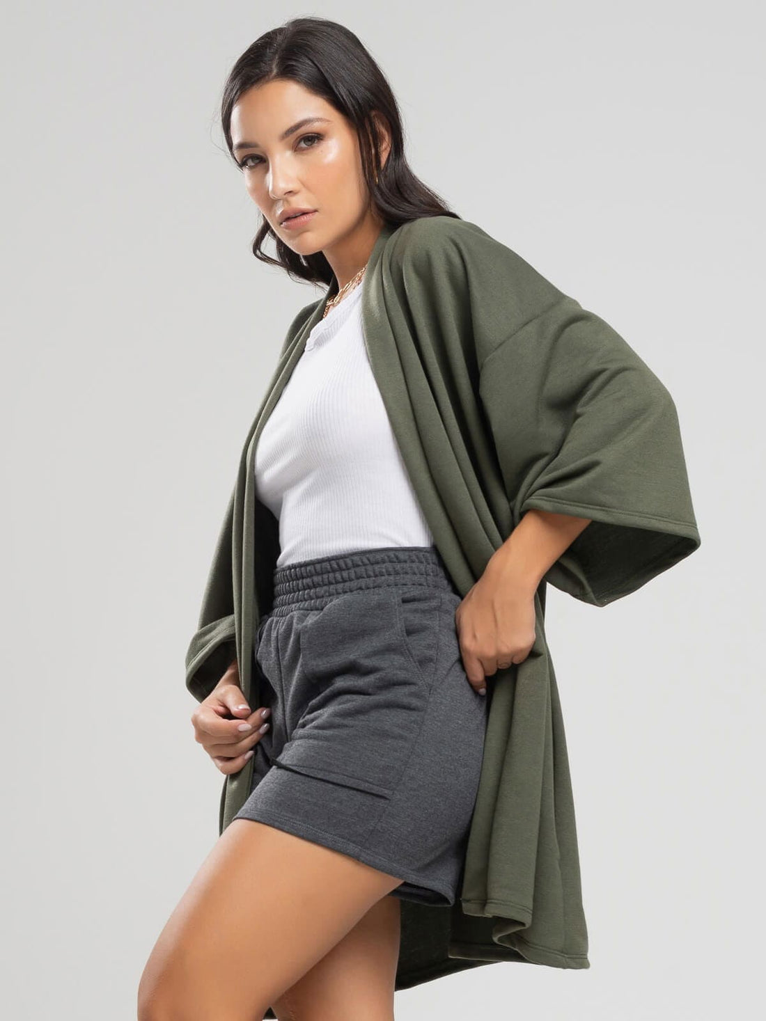 Casaco Kimono Over Moletinho Manga Longa Verde - Vicbela