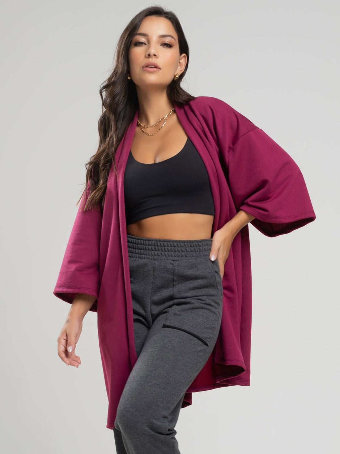 Casaco Kimono Over Moletinho Manga Longa Vinho - Vicbela