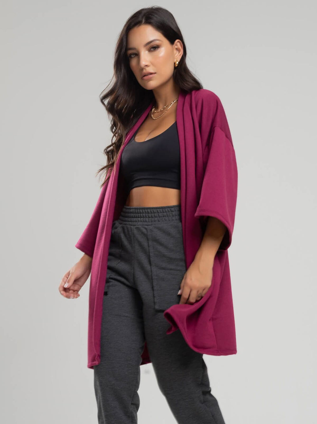Casaco Kimono Over Moletinho Manga Longa Vinho - Vicbela