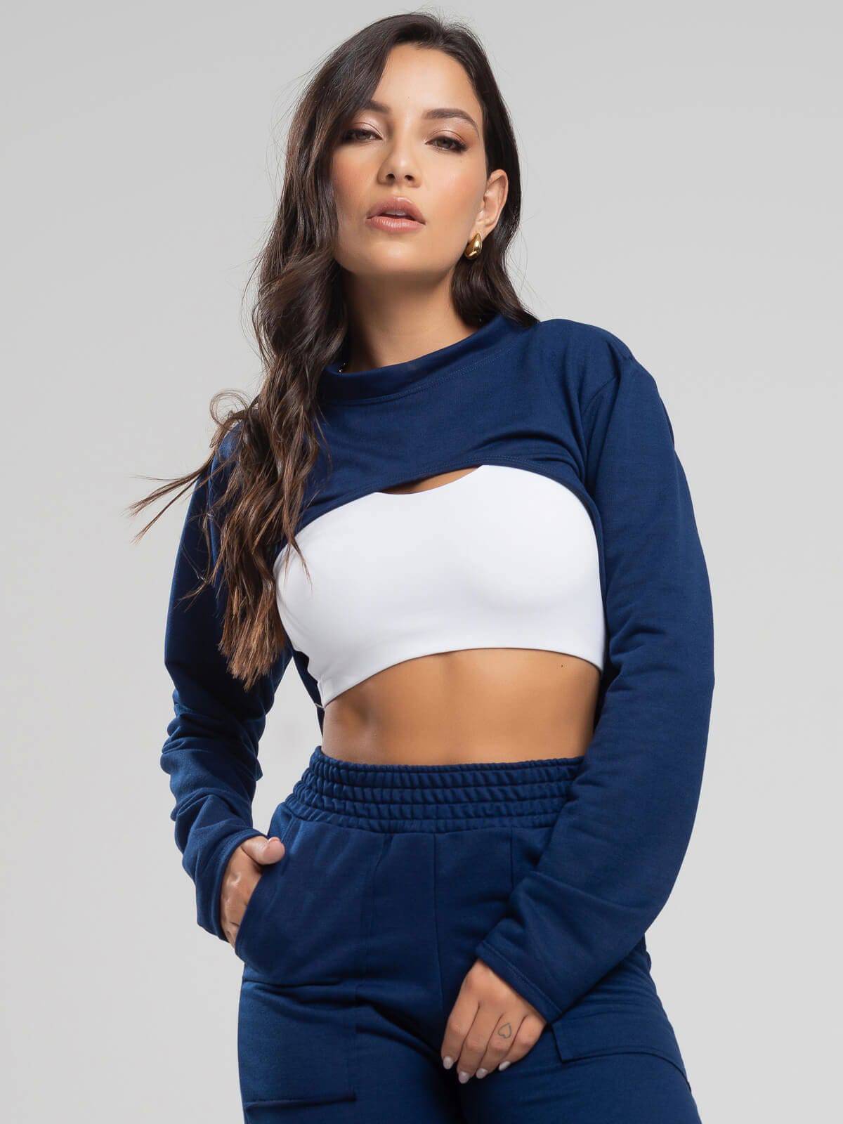 Casaco Super Cropped Manga Longa Azul Marinho - Vicbela