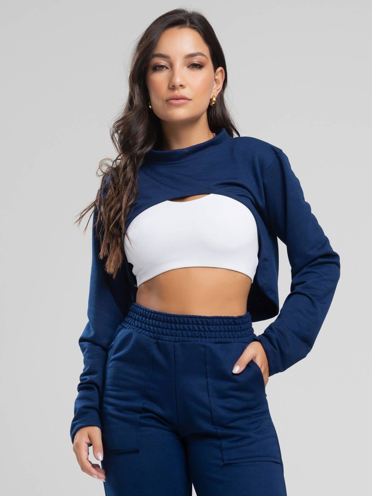 Casaco Super Cropped Manga Longa Azul Marinho - Vicbela