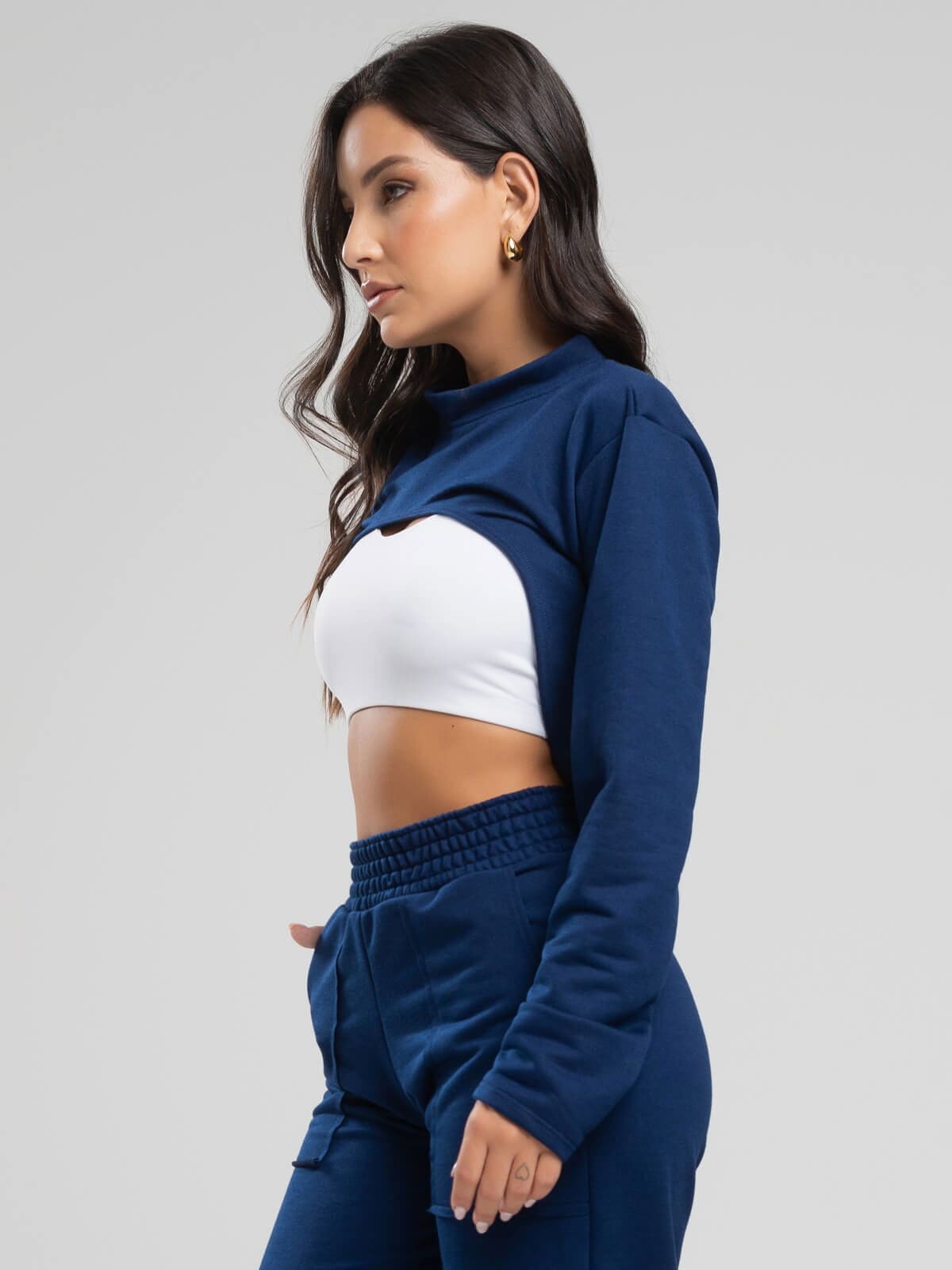 Casaco Super Cropped Manga Longa Azul Marinho - Vicbela