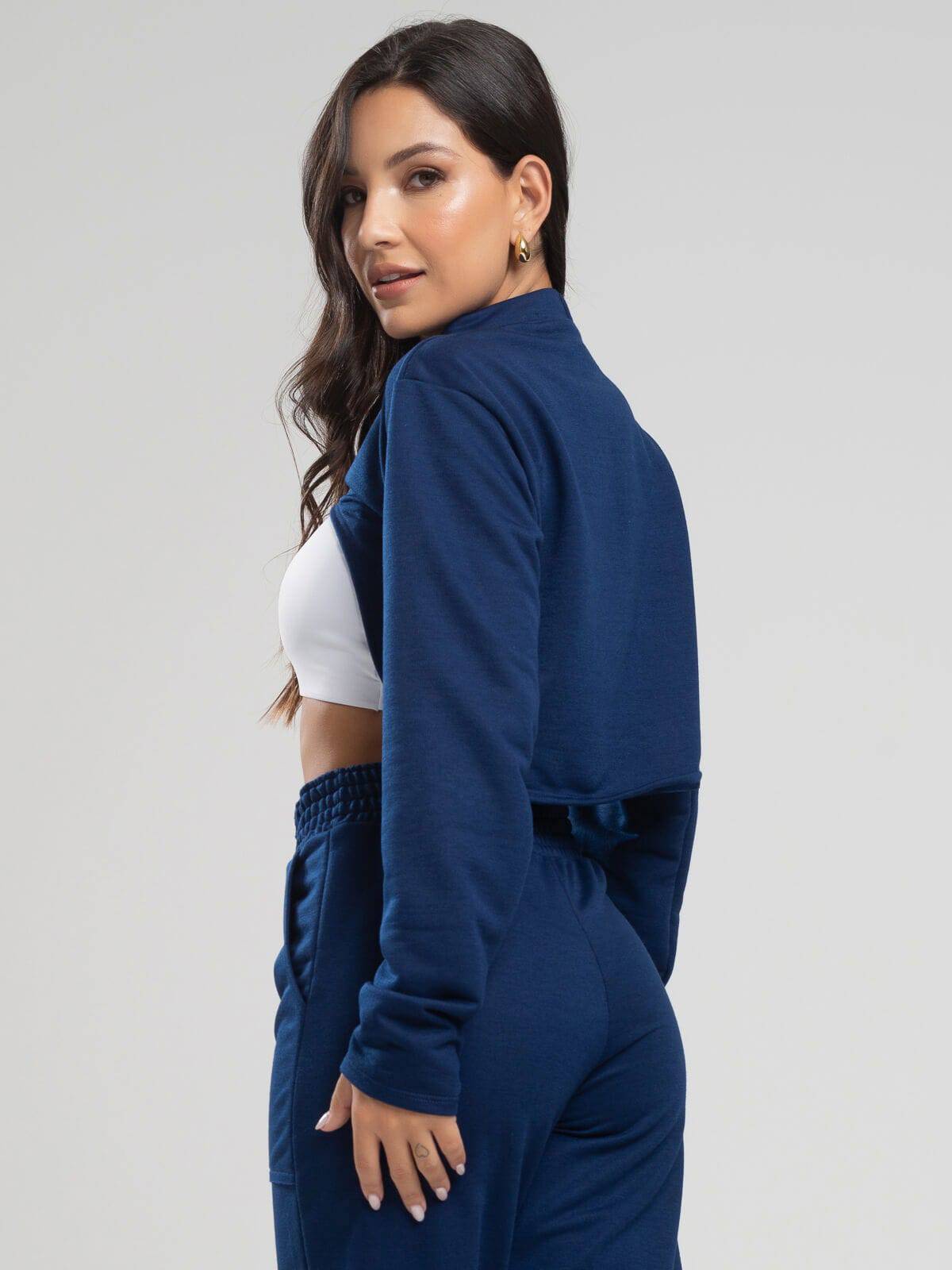 Casaco Super Cropped Manga Longa Azul Marinho - Vicbela