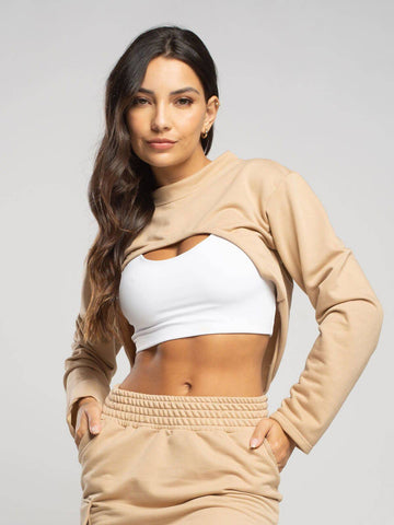 Casaco Super Cropped Manga Longa Bege - Vicbela