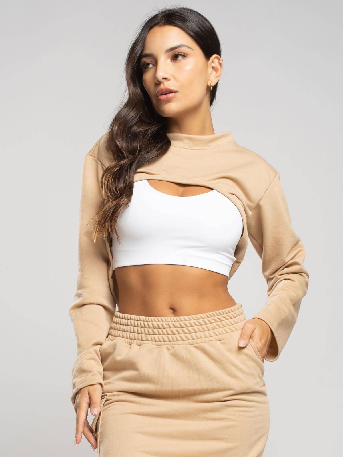Casaco Super Cropped Manga Longa Bege - Vicbela