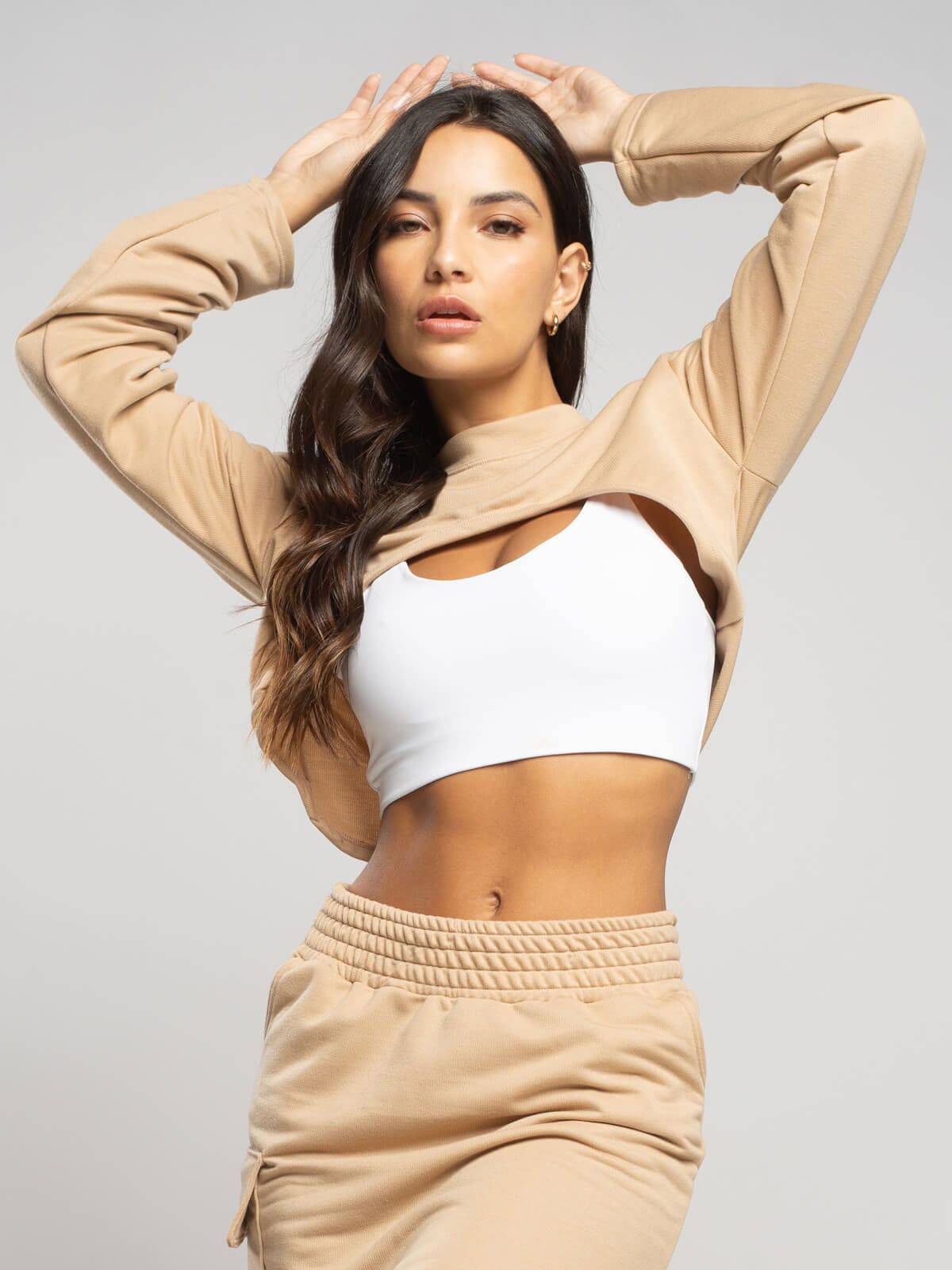 Casaco Super Cropped Manga Longa Bege - Vicbela