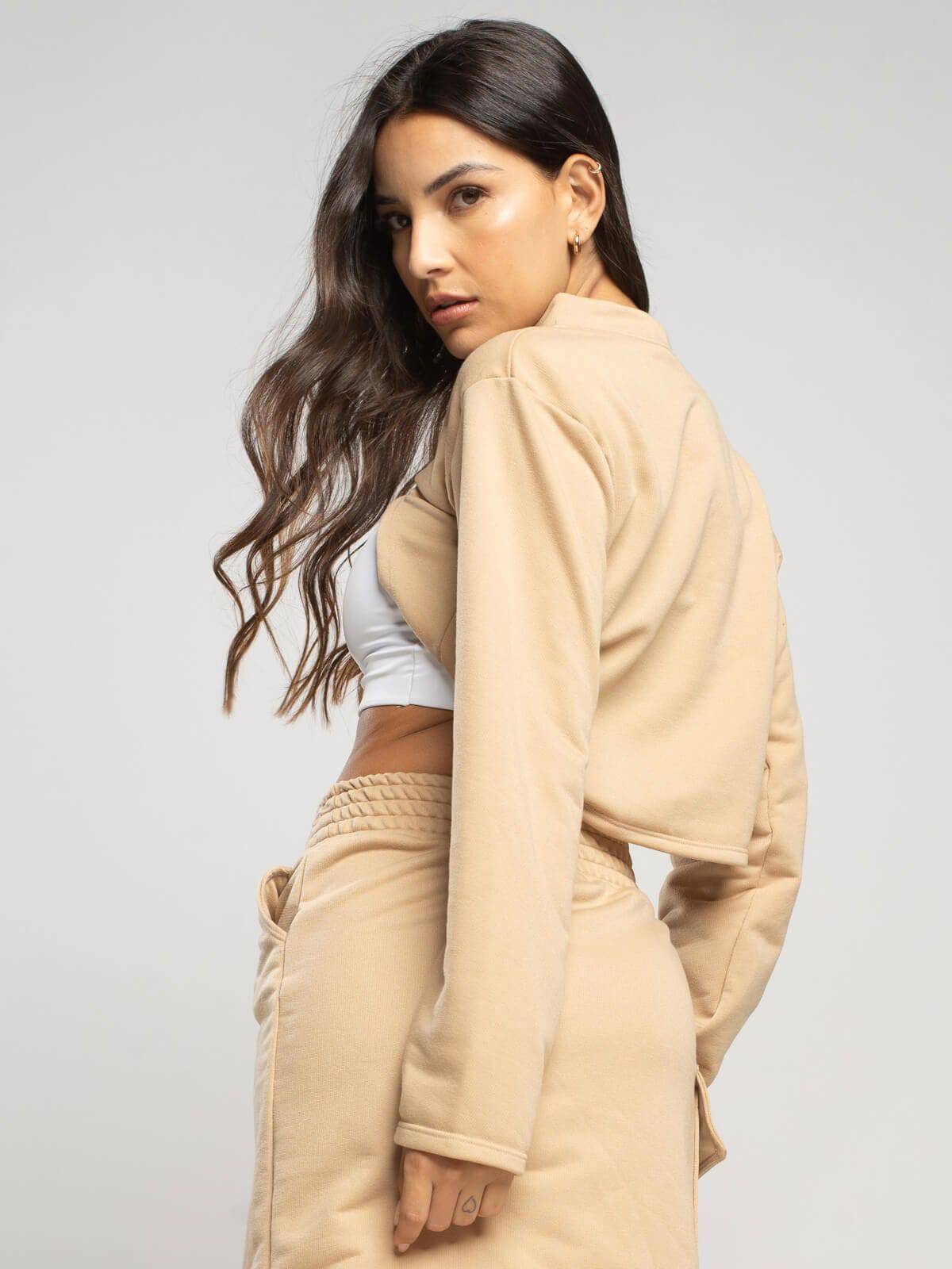 Casaco Super Cropped Manga Longa Bege - Vicbela