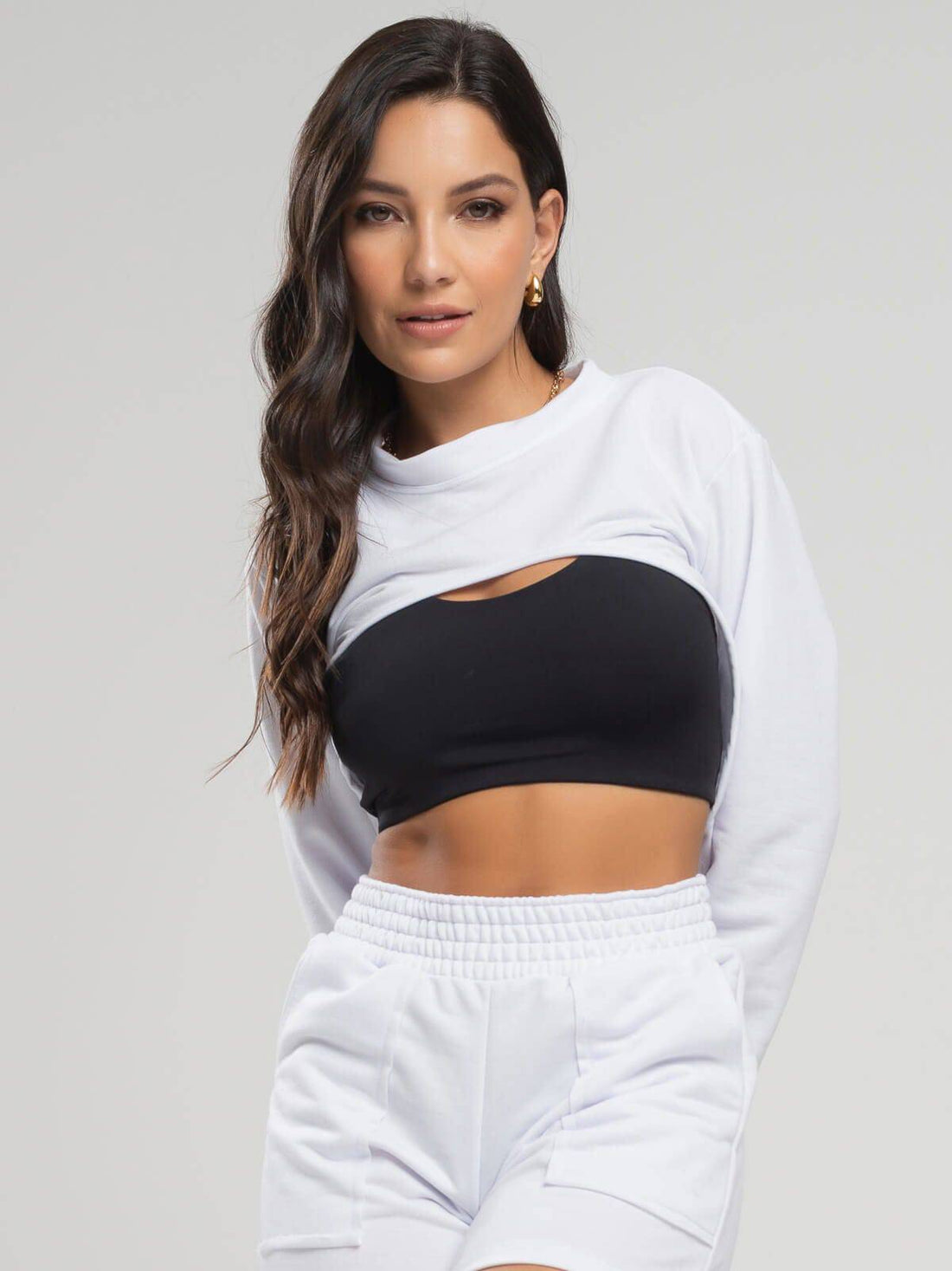Casaco Super Cropped Manga Longa Branco - Vicbela