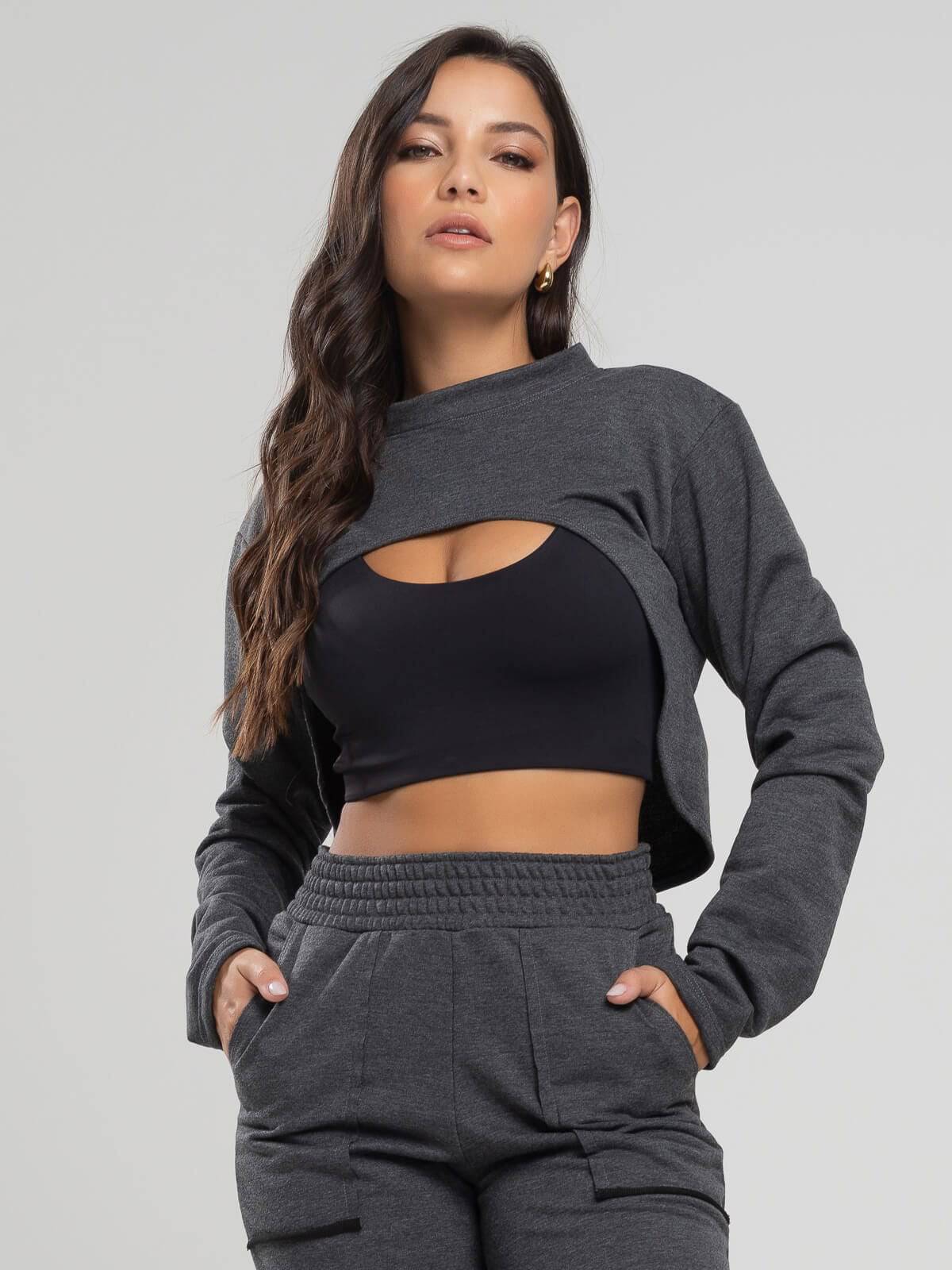 Casaco Super Cropped Manga Longa Grafite - Vicbela